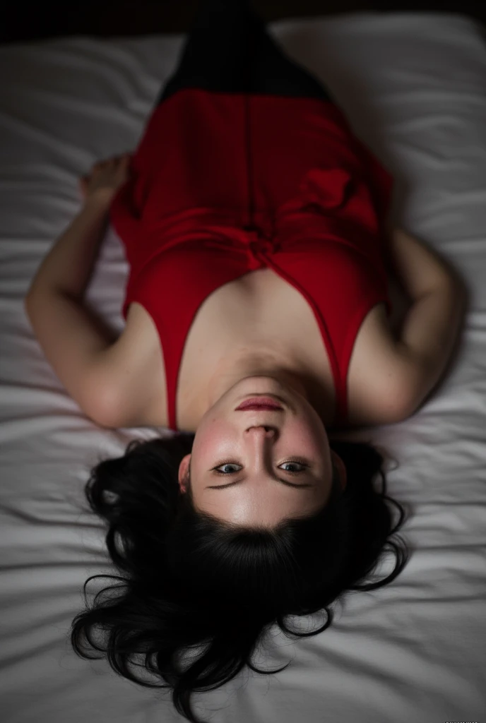 Elle Fanning, picture from above, lying  limp on a bed, red strapless dress, black tights, black bob cut hair with bangs, drunk face