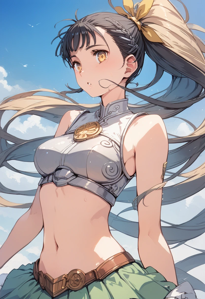 pt，pt，pt，pt，（ top quality ，4K，8k），pt、 ponytail， fantasy fashion，A scene from an anime，cool scene ，The wind blowing through， pleated skirt，Belly button， sleeveless tops ， asymmetrical design outfit，long yellow ribbon ， girl standing on an otherworldly prairie，blue sky，Adventurer&#39;s Outfit， navy hair，Armor， female swordsman，Bhopal