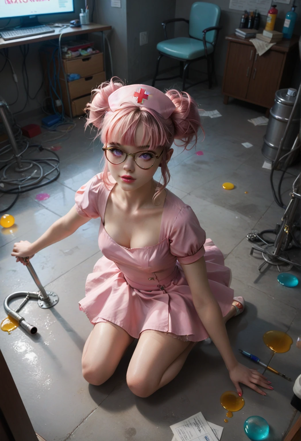 ( ultra-detailed face , turning away, ,  fantasy illustration with gothic  ,  dark tones of ,  view from above ), BREAK 
( The nurse fairy sits on floor in bold ,  sexy pose,  her body is covered with colorful , rainbow-colored bubbles splattered all over the room.  her eyes wide open ,  and her cheeks are blush with ecstasy .), BREAK 
( A young fairy nurse with pure white hair and eyebrows , blunt bangs,   with swaying disheveled hair  , small pink lips,  honey-golden skin , Green pupils ,  Draw thick ,  dark eyeliner around the eyes .), BREAK 
( The nurse fairy wears a nurse's hat ,  covered with bubbles ,  and a big red bow .  She wears a short nurse dress made of pure white fabric with purple trim and a heart embroidered with gold and silver.  She wears pink nurse ballet shoes on bare feet .), BREAK 
( Big iron pipes ,  glass tubes ,  are intricately connected ,  glasses and flasks bubbling with colorful chemicals . Airy glassware and tools float in the air ,  neon lights with a stunning pink glow are attached to the ceiling , and the room is filled with soap bubbles, bubbles, and foam drops ,  exploding and filling the room .)