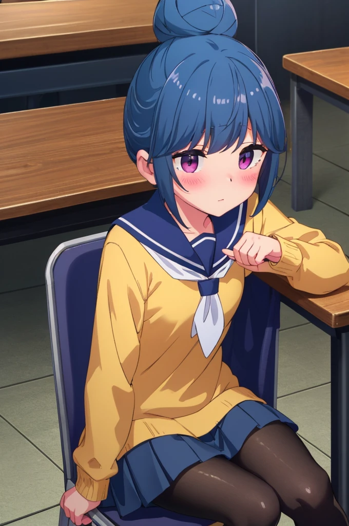 (masterpiece:1.2),  top quality ,  High Definition ,  Unity 8k wallpaper , ( illustrations),  extremely detailed face,  perfect lighting,   very detailed CG, ShimaRin,  blue hair,  Watch viewers,blush school uniform ,  single hair bun,  yellow sweater:1.2,  blue sailor color,  black pantyhose,  pleated skirt,   closed mouse,  sits on a chair