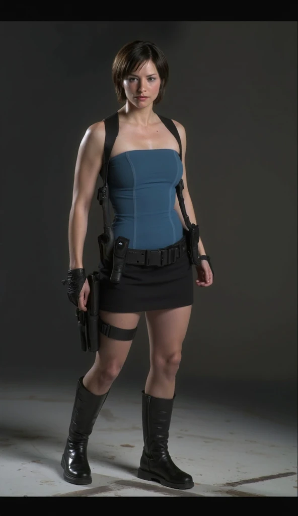 Sienna Guillory as Jill Valentine, black boots, black hair, short black skirt, blue top, Resident Evil Apocalypse, "3d model", "render", "only face", "Only face view"