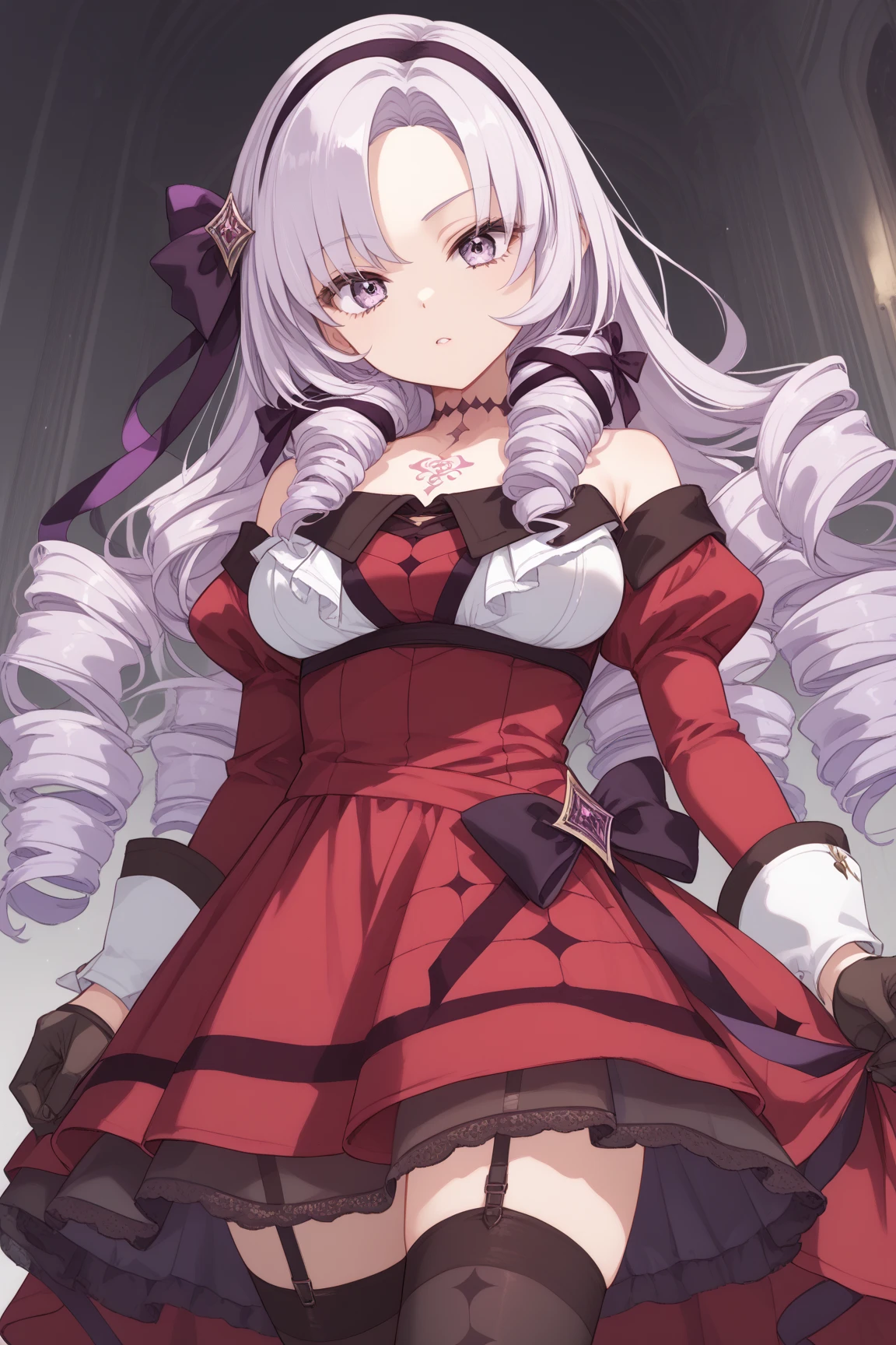 anime coloring,masterpiece,Salome, big body,big breasts,(((( best quality )))),,HS1, purple eyes, bangs, parted bangs, purple hair, light purple hair, long hair, drill hair, tattoo, chest tattoo, ribbon, hair ribbon, purple ribbon, hairband
bare shoulders, dress, red dress, long sleeves, juliet sleeves, gloves, black gloves, garter straps, thighhighs, black thighhighs