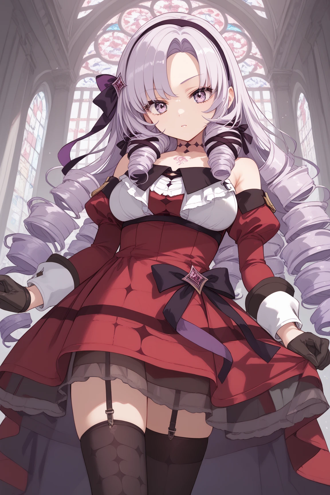 anime coloring,masterpiece,Salome, big body,big breasts,(((( best quality )))),,HS1, purple eyes, bangs, parted bangs, purple hair, light purple hair, long hair, drill hair, tattoo, chest tattoo, ribbon, hair ribbon, purple ribbon, hairband
bare shoulders, dress, red dress, long sleeves, juliet sleeves, gloves, black gloves, garter straps, thighhighs, black thighhighs