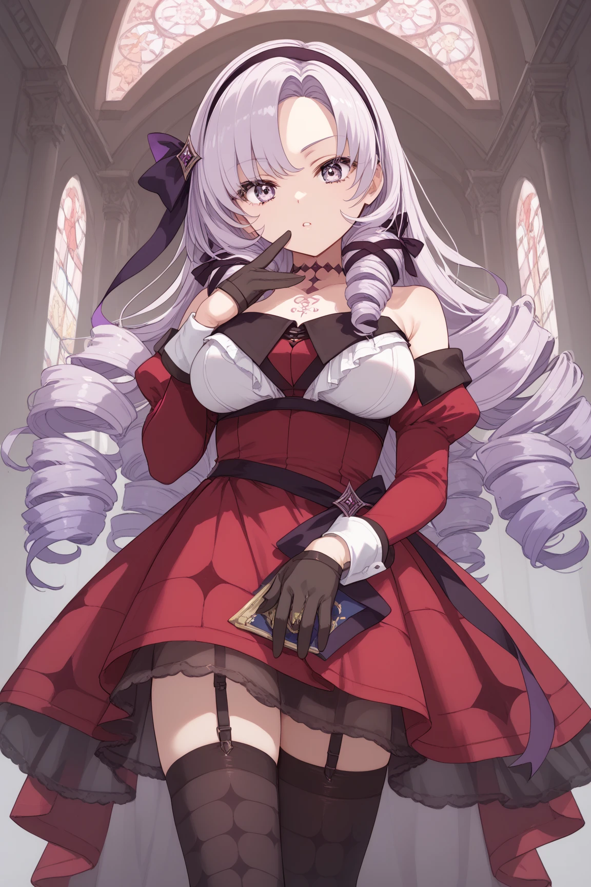 anime coloring,masterpiece,Salome, big body,big breasts,(((( best quality )))),,HS1, purple eyes, bangs, parted bangs, purple hair, light purple hair, long hair, drill hair, tattoo, chest tattoo, ribbon, hair ribbon, purple ribbon, hairband
bare shoulders, dress, red dress, long sleeves, juliet sleeves, gloves, black gloves, garter straps, thighhighs, black thighhighs