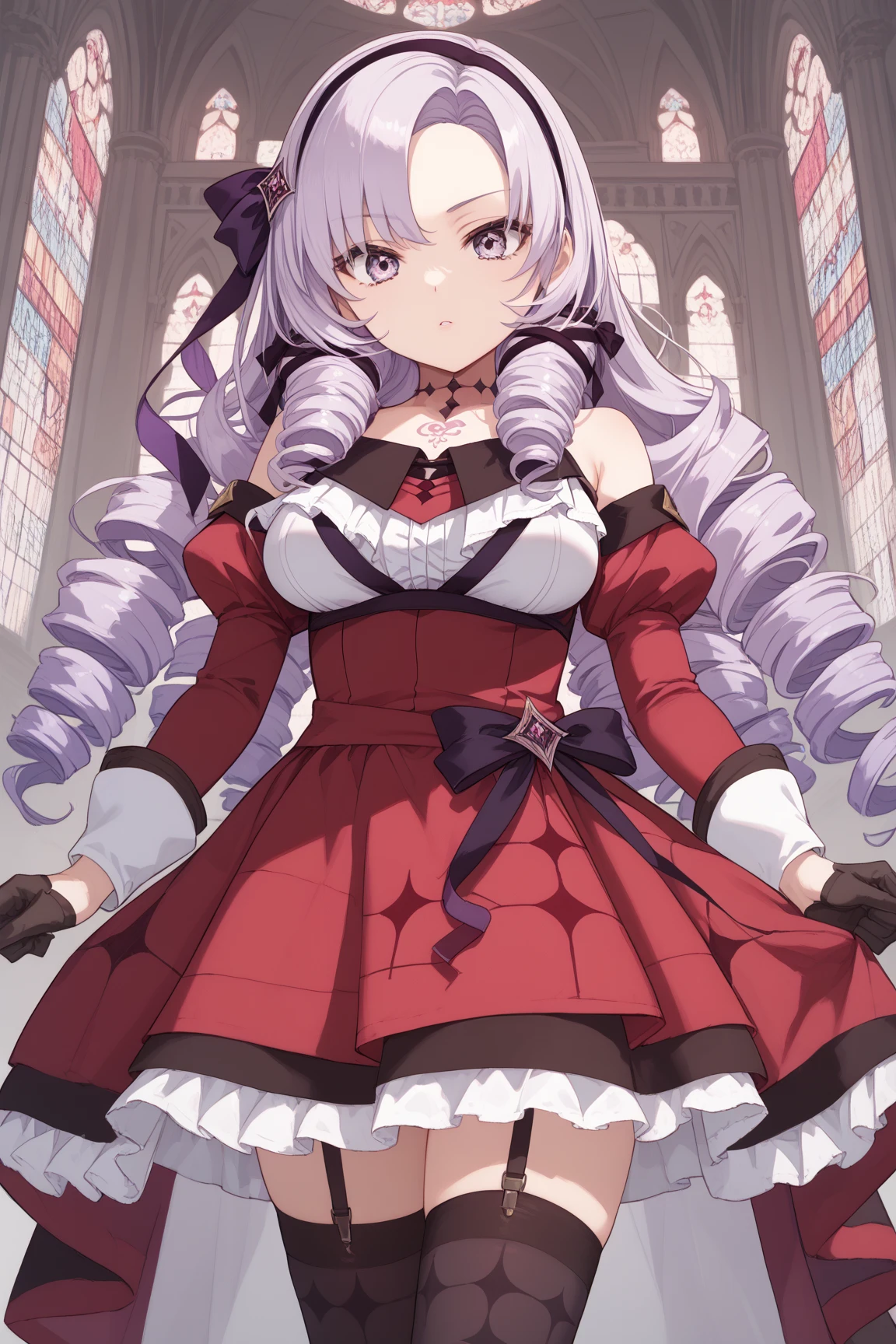 anime coloring,masterpiece,Salome, big body,big breasts,(((( best quality )))),,HS1, purple eyes, bangs, parted bangs, purple hair, light purple hair, long hair, drill hair, tattoo, chest tattoo, ribbon, hair ribbon, purple ribbon, hairband
bare shoulders, dress, red dress, long sleeves, juliet sleeves, gloves, black gloves, garter straps, thighhighs, black thighhighs