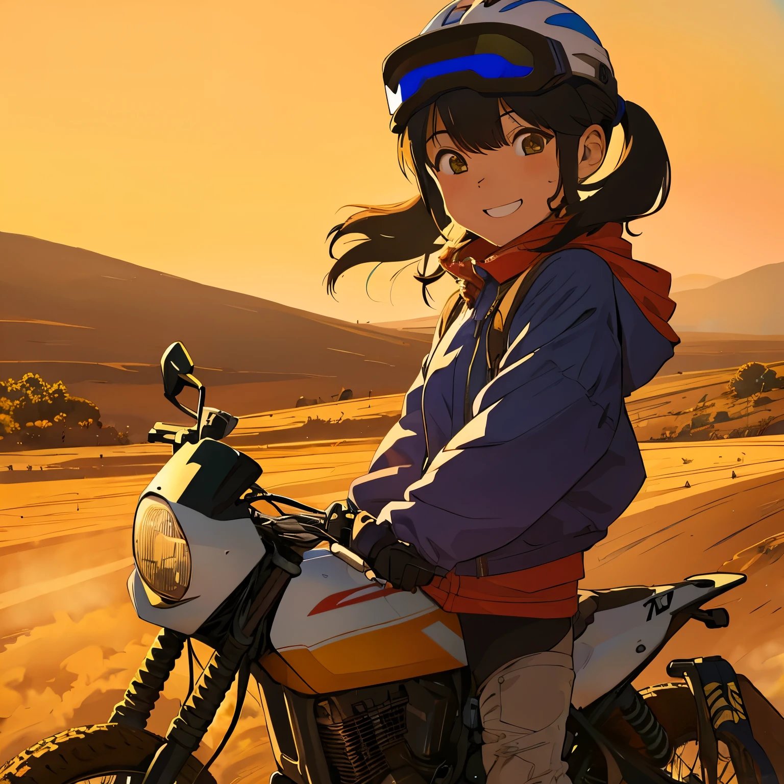 (The_shading),
One girl,Flying Goggles,Ride the Motobi \(MTB Umuk\),smile,Dirt roads,Dust,
Breaking the masterpiece,Highest quality,