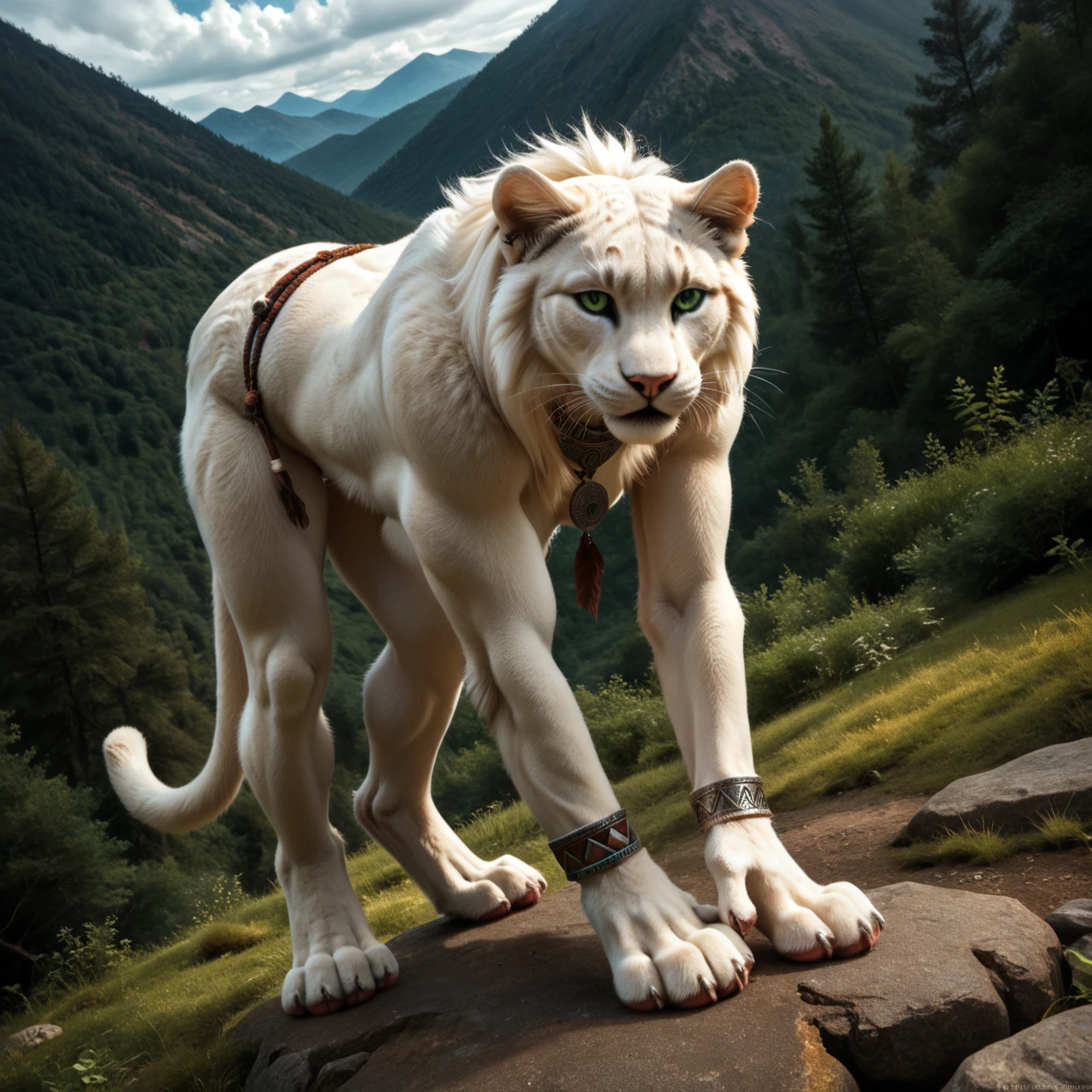 score_9, score_8_up, score_7_up, score_6_up, top view, white panther, female, with mane, indian archer with bow, indian tribal clothing, anthro, felid, feline, stands, human-like hands, (detailed background), nature, in the high mountains, white fur, solo, high quality, furred body, paws, handpaw, fluffy, silver bracelets on all legs, silver bracelets on the calf, (detailed eyes, green eyes), slightly muscled, highly detailed, realistic white fur, beautiful, photorealism, photorealistic, dslr, photo, expressive, full body, pawpads, paw pads, dutch angle, with claws, silver collar with medallion