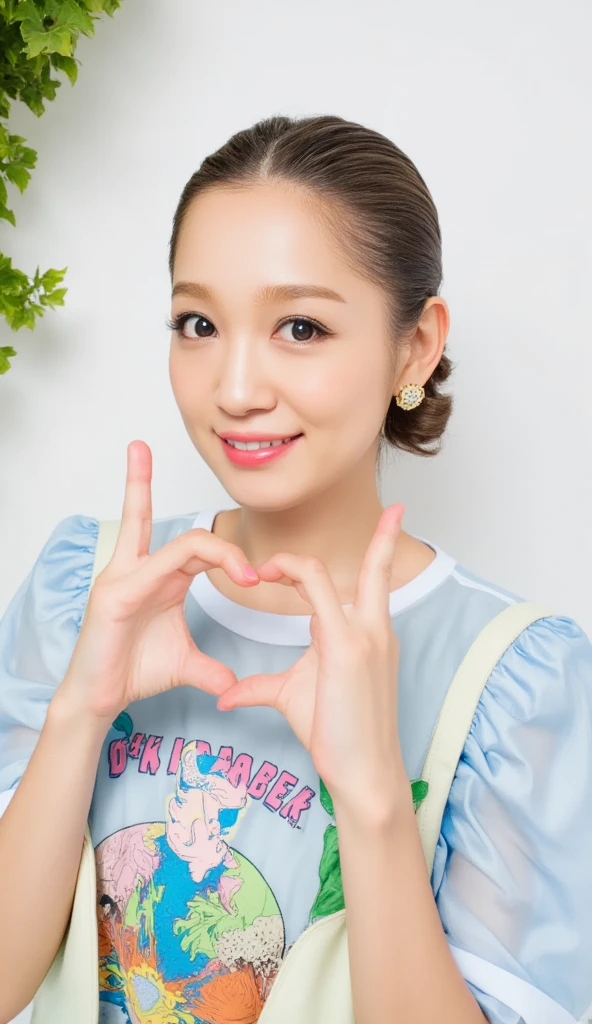  1 woman with a cute smile、I'm wearing cute clothes 。,  swimsuit,  make a big heart with both hands , Hold it in front of your chest , View above the collarbone、  has a monotone background  

