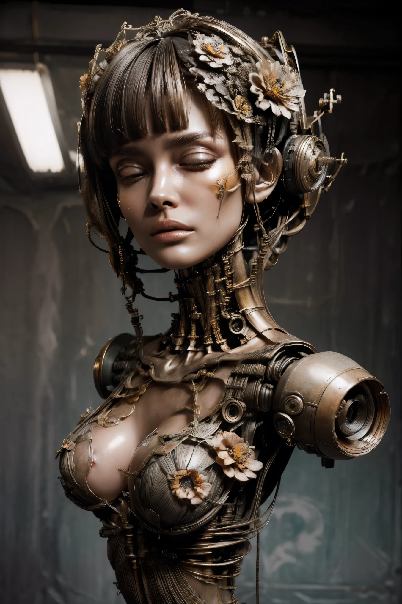 (masterpeace), ((super real photography: 1.5)), ((photo realistic: 1.3)), (real photo), 
A Japanese young girl with a lot of flowers, ((A young girl robot: 1.5)),  (bust statue), 
BREAK
headgear, ((real metalic skin)), ((beautiful face: 1.5)), ((Super cute: 1.5)), ((babyface: 1.5)), ((well-balanced face)), (close eyes: 1.3)), longeyelashes, stunning big eyes, luscious glossy lips, ((blunt bangs: 1.5)), (long hair), 
BREAK
(slender body: 1.3), petite bust, flower bloom, (flowers: 1.5),
BREAK
High-Mechanic body, octane rendering, Super Detailed machine, ((connected electric cables)), 
BREAK
(simple background: 1.3), ((bust shot: 1.3)), cinema quality, professional photograph, (photo studio: 1.5), (Bright Light: 1.2), Eye-Level Shot, wide lens, (fujifilm 35mm), (film photo), RAW, Excessive Embellishment, UHD, 
BREAK
anatomically correct, textured skin, best quality, 8k