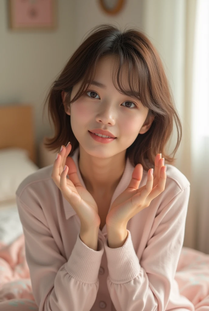((sitting on the bed))、((Photos taken by others))、(((realistic))),(highest quality、8K、masterpiece:1.3)),(1 girl)、(((Photographed from the front)))、((Sit facing the camera))、((beautiful breasts))、Japanese、1 girl、((I wore a cardigan))、((sports bra))、short hair、looking at the viewer、((Shooting from belly to face))、((show cleavage)),Photograph the whole face、With a smile、in the bedroom、On the white sheets、bright lighting、SFW