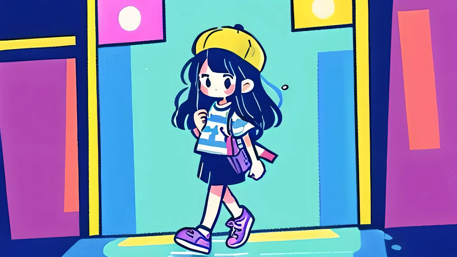 A vibrant city pop-inspired illustration of a stylish girl walking through a neon-lit urban street at night. She has flowing hair and a confident posture, surrounded by glowing signs in Japanese kanji, retro 80s aesthetics, and colorful lights reflecting on the wet pavement. The atmosphere is dreamy and nostalgic, capturing the essence of city pop culture.