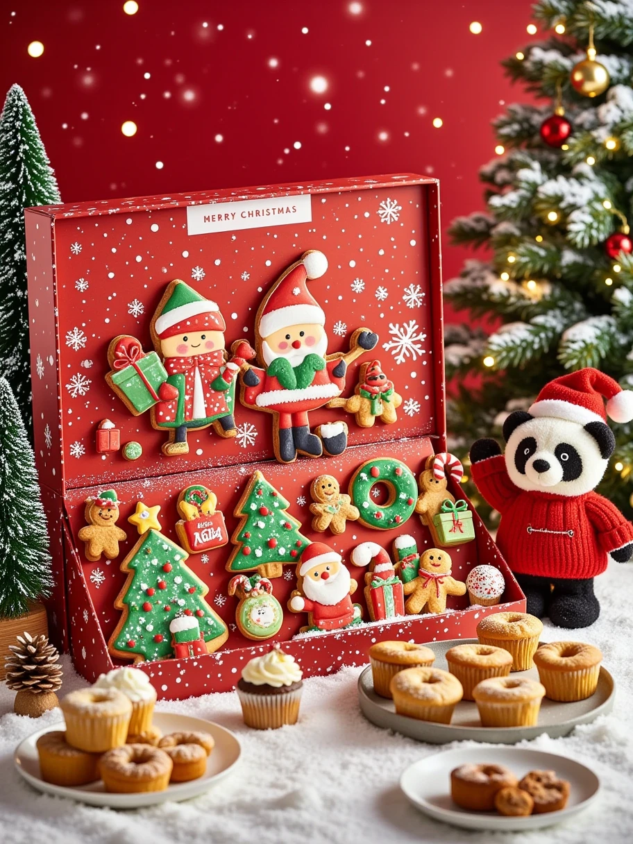  A scene full of Christmas atmosphere 。 including a panda and Santa with gifts ， The inside is filled with Christmas themed cookies of various shapes and colors 。 of these cookies with Santa Claus 、Christmas tree、Gingerbread Man、reindeer、 Christmas wreath, etc. ， The owner is wearing a red sweater 。  with a Christmas pattern printed on the lid ， There are also red Christmas balls and pine branches ， and the words “MERRY CHRISTMAS” next to the 。, the background of the cookie box is red ，Adds to the festive atmosphere。 On the left side of the cookie box ，有两棵小型的白色Christmas tree， The tree is covered with a layer of white “snow” ， There are also a few pine cones and pine branches under the tree ， that further enhances the Christmas theme 。右侧则有一棵装饰着红色和金色装饰品的绿色Christmas tree， tree 。  with a few small Christmas trees on the table ，Bright colors， gives a strong festive feeling 。