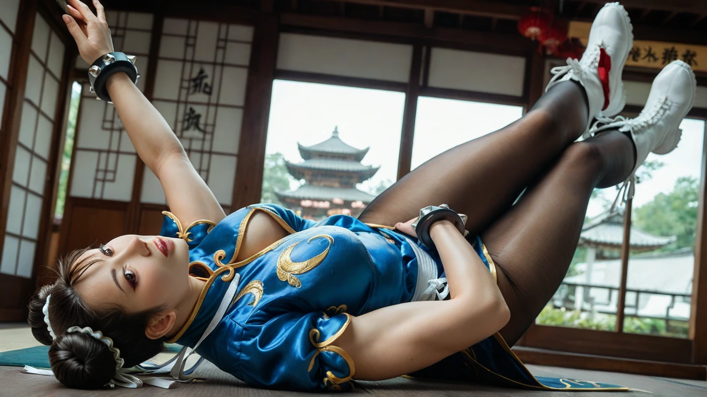 anime - style woman in a blue dress and black stockings is posing on a city street, portrait of chun - li, portrait of chun li, chun-li, chun - li, chun li, wojtek fus, trending on cgstation, artgerm and atey ghailan, fighting game character, extremely detailed artgerm, trending at cgstation, Physical based rendering,  masterpiece, superdeformed, full body: 1.2, ultra high res, RAW photo, masterpiece,(photorealistic:1.4), 1girl, 16 years old girl,teenage, sports bra, from behind,(leotard:1.3),((yoga pants:1.3)), (light brown:red:grey hair:1.4), looking at viewer, smiling, cute, huge ass, (ray tracing:1.4),(long legs:1.4),big breast,narrow waist,(from