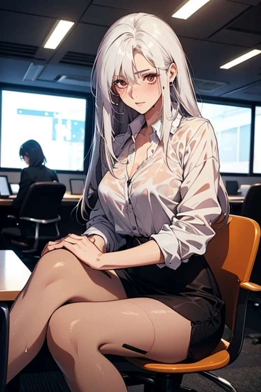 (Seen from a certain perspective )  A gorgeous and sexy 23-year-old perfect secretary ，White hair直发，（（White hair）），With hair down，Waist-length hair， Smooth white skin  (Wet) flesh lips, (photo actual :photo actual , 8K Masterpiece),  Big  in a tight white shirt  (Highlight the chest)， black lace , Black Hip-Covering Skirt，（ black pantyhose ），Cross your legs，  Sit at the office table  (hyper actual :  actual ,  Environmental details are complex ),   Has sexy features : (  Textures and environmental professional photography Pure perfect lighting)， blush