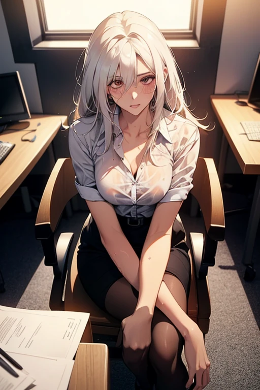 (Seen from a certain perspective )  A gorgeous and sexy 23-year-old perfect secretary ，White hair直发，（（White hair）），With hair down，Waist-length hair， Smooth white skin  (Wet) flesh lips, (photo actual :photo actual , 8K Masterpiece),  Big  in a tight white shirt  (Highlight the chest)， black lace , Black Hip-Covering Skirt，（ black pantyhose ），Cross your legs，  Sit at the office table  (hyper actual :  actual ,  Environmental details are complex ),   Has sexy features : (  Textures and environmental professional photography Pure perfect lighting)， blush