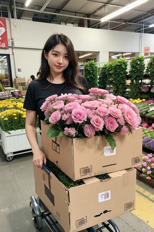  highest image quality taken by Ki、Woman working at a flower wholesale market、Lots of cardboard、Trolley、heavy