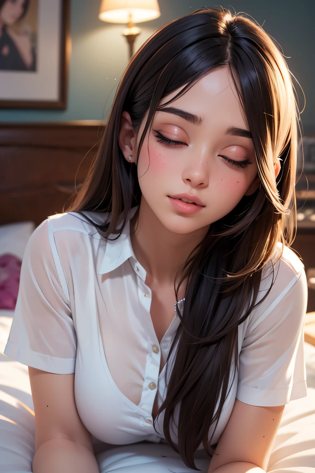 Sexy and cute woman, black brown hair, long hair, straight hair, weak eyes, blushing intensely, lips parted, ready to kiss, long oversized white shirt, lying down on bed