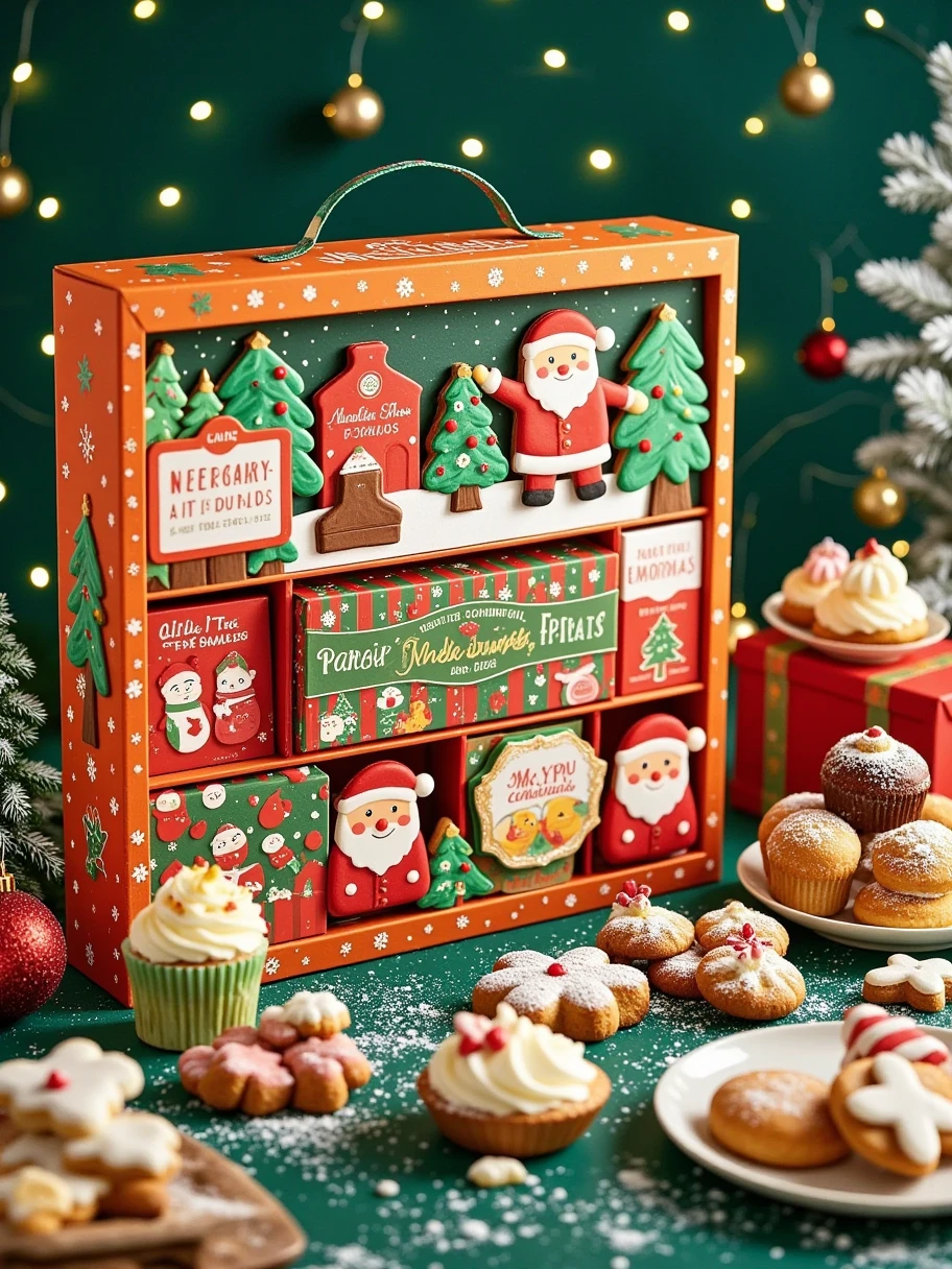  with these cookies A good-natured Santa 。Center of screen， on the left side, you can also see part of the green cookie box ， with a kind Santa printed on the box 、 Lush Christmas tree ， This picture has a strong Christmas atmosphere ， have cute pandas and Santa Claus patterns 。  on the right side of the orange cookie box ， with one pair of hands holding an orange cookie box ， filled with various shapes 、 colorful Christmas themed cookies 。 with a green Jiugong grid cookie box 、Upright Christmas tree 、 with cute gingerbread man and the like ， These elements work together to create a warm and happy Christmas atmosphere 。  You can also see part of the green cookie box ， and a striking “MERRY” The words “CHRISTMAS” 。 The background is a dark green desktop ， Each piece is carefully decorated with brightly colored frosting and sugar grains {x} A few small white Christmas trees and red Christmas balls are placed on it， and are surrounded by colorful gifts and crystal snowflake patterns 。