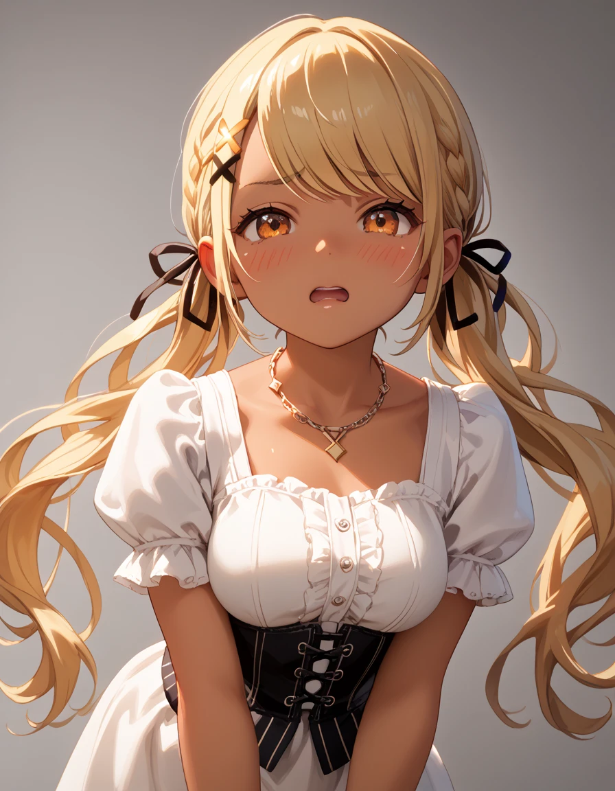 score_9, score_8_up, score_7_up, score_6_up, score_5_up, score_4_up, source_anime, masterpiece, best quality, realistic, loli, 8years old, petite, shiny skin, gleaming skin, medium breasts, QpiDefault, orange eyes, dark skin, blonde hair, long hair, swept bangs, low twintails, x hair ornament, black hair ribbon, necklace, underbust, embarrassed, yellow bikuni, doggystyle, orgasm, Glowing Skin, front view, close to viewer,