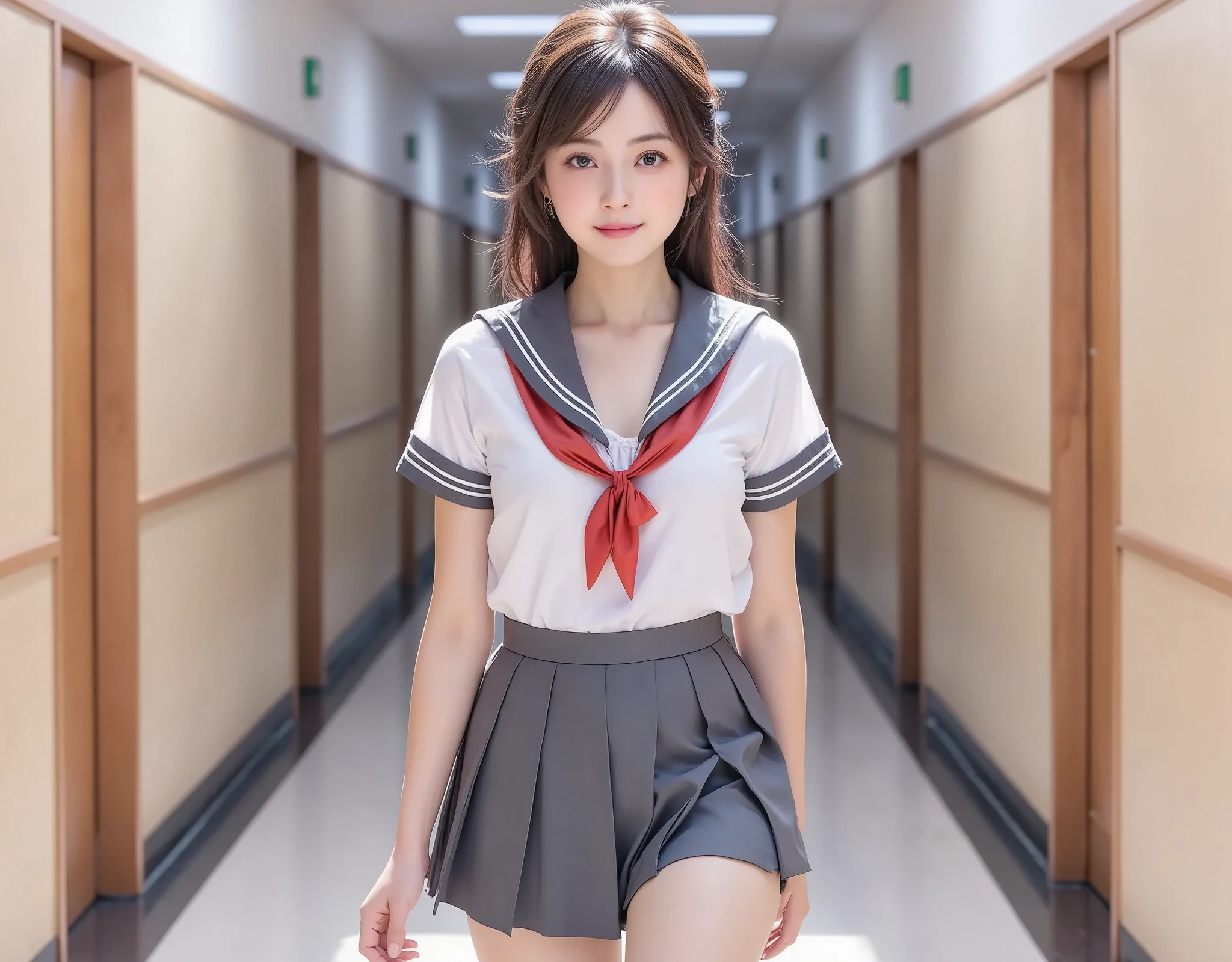 NSFW, (Highest quality), (Ultra-precise CG 16K wallpaper), (Realistic: 1.6), (High saturation), (Sharp), Beautiful detailed shading, Beautiful natural lighting, Beautiful detailed glow, Bright sunlight in the daytime, Natural light, Depth of field, (Mature 24 year old woman, One person: 1.6), (Very beautiful Japanese face), (Sasaki Nozomi), (Soft wavy ponytail hair: 1.6), (Shiny black hair), (Sparkling eyes), (C cup size breasts, cleavage, slim thighs: 1.6), (Beautiful breasts), (Beautiful legs), (Beautiful skin), Beautiful proportions, (Smile: 1.0), (Looking at me: 1.6), (High school girl sailor uniform, wearing gray pleated miniskirt: 1.6), (Walking pose: 1.6), (School, empty hallway), (Full screen image:1.6), (full body shot:1.6), (front view of woman:1.6), (woman walking down school hallway:1.6),
