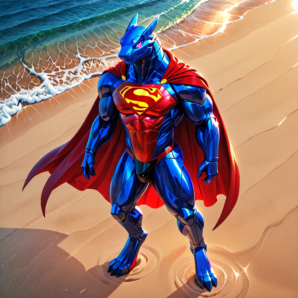 High resolution, masterpiece, high resolution texture, beautiful light, correct anatomy, (masterpiece, 4k resolution), solo, anthro, red muscular and strong synth with blue lizard eyes wearing a superman suit with red long cape and black speedo. He is at a beach and grabs his bulge, full body view, anime style