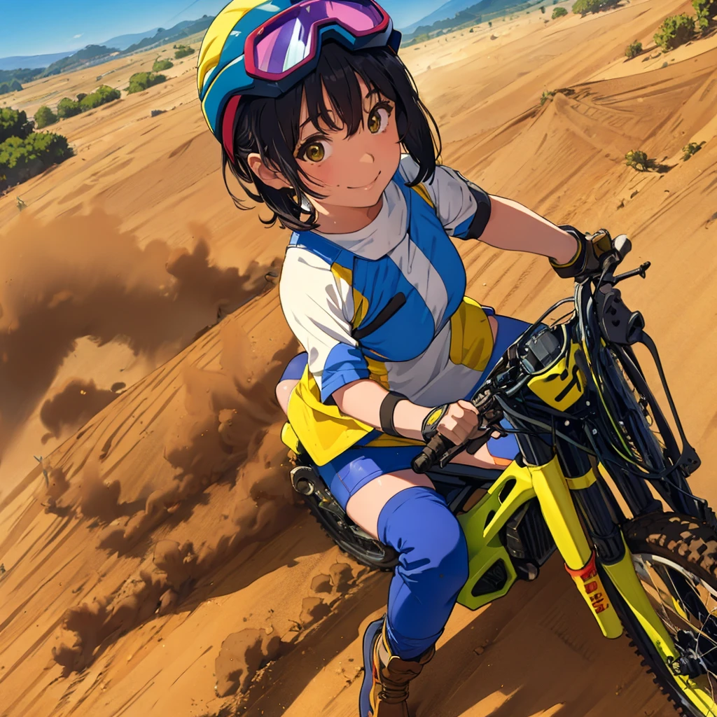 (The_shading),
One girl,Flying Goggles,Ride the Motobi \(MTB Umuk\),smile,Dirt roads,Dust,
Breaking the masterpiece,Highest quality,