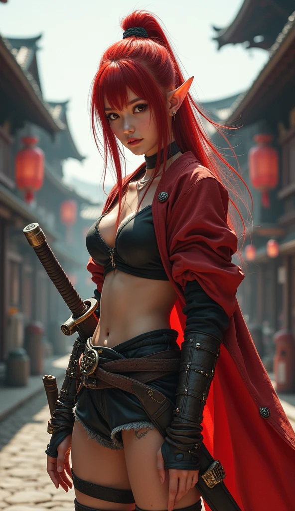 Whole body expression、Female warrior、24 years old、 Japanese、 An Extraordinary Beauty、 long, thin, and beautiful eyes 、Red Hair、 and the bangs are aligned above the eyebrows、 long spike hair 、Liberty spikes 、 sideburns are growing、Ears are visible 、 shorts、 long boots、Short cloak、Equipped with a sword、 background is a medieval city 、 top quality 、masterpiece、Realistically、