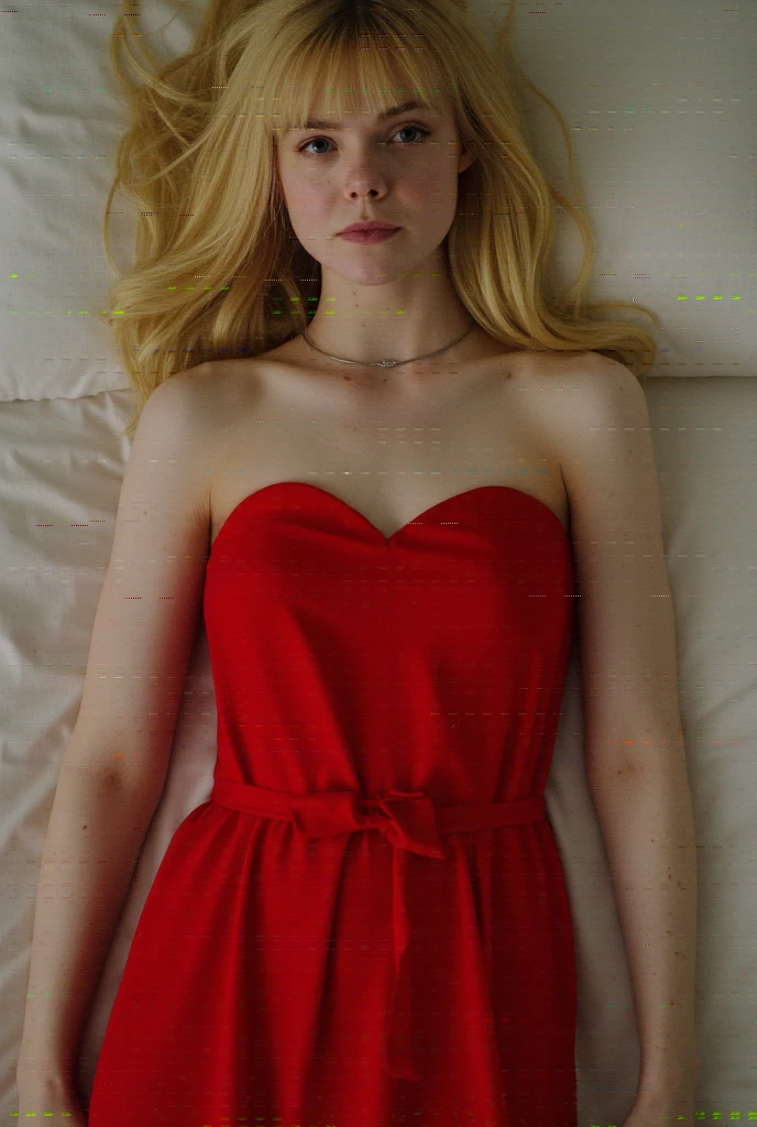 Elle Fanning, picture from above, lying  limp on a bed, red strapless dress, blonde bob cut hair with bangs, drunk face