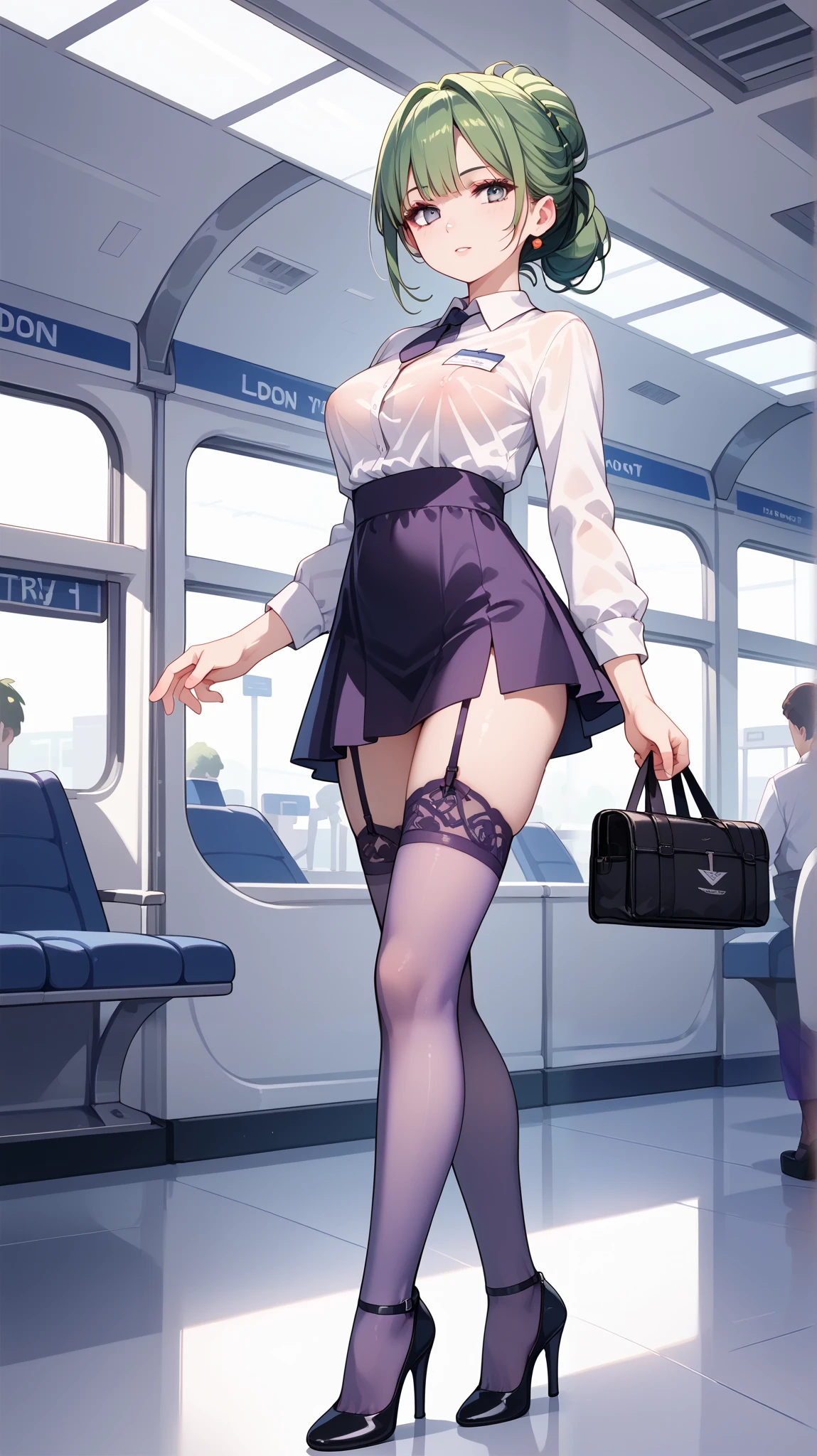 airport,Green Hair,Gray Eyes, up hairstyle , flight attendant , Friendly Smiles ,No scar, don't wear skirts, no underwear,(Five fingers, beautiful hands),(purple stocking , garter belt),See-through skin, high heels