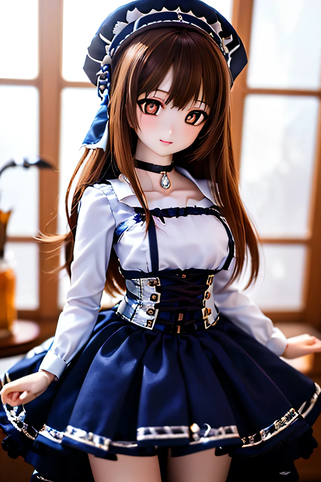 (SFW:2), photorealistic, realistic photo, 8k, Canon EOS, ((highest quality)), ((masterpiece)), (extremely detailed), dd, doll, idol dress, plastic skin, (squinted eyes:1.4), (mature woman, 21yo, 21 years old, solo:1.6), (cowboy shot, slim, skinny, slender, brown hair, long hair, hat, choker, light smile, half opened mouth, purple brown eyes, glass eyes, shining eyes, looking at viewer, detailed face:1.3)