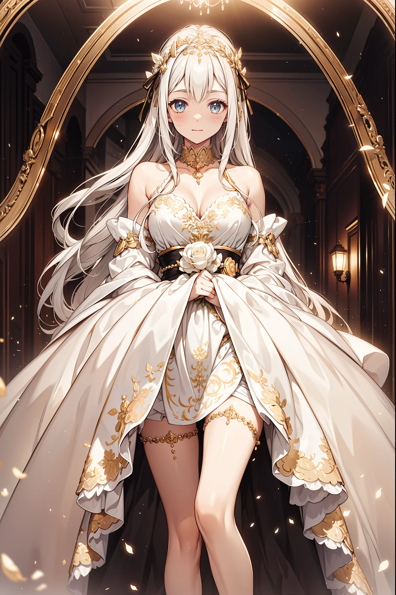 masterpiece, is the best quality, high resolution , Single, A gorgeous gold lace frill dress , Wear a gold robe ,A bright person , a beautiful little metal headdress , shining eyes, thigh, False eyelashes, Joyful atmosphere , Princess Head, wears a black ribbon on his head , Golden hue