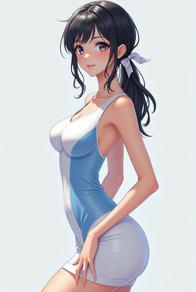 very young slim fit girl, full height, rounded face, (blue hair:1.4), long straight hair, (big blue eyes:1.3), shy smile, perfect small breast, look at you, (clean scene:1.4), accurate small nose, nipples trough clothes, no underwear, red transparent dress, guipure dress, see-through silhouette, long light airy dress, bottom view, samantha, sunny day, outdoors