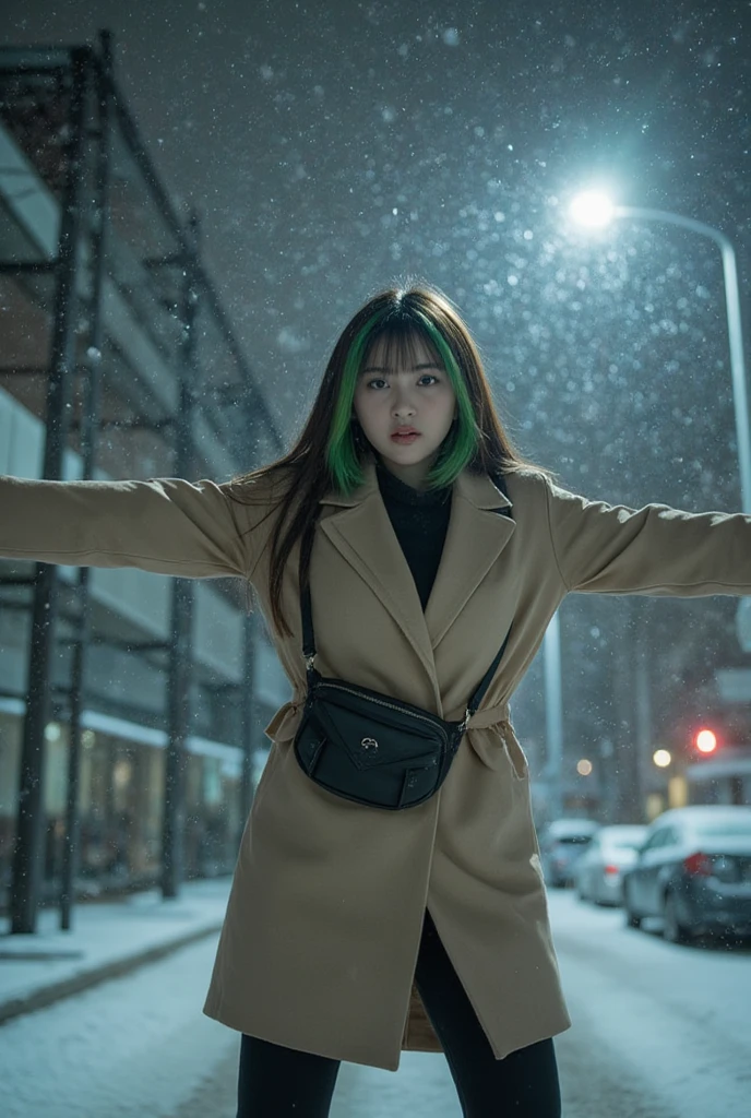 A snowy night with heavy snowfall, illuminated by a strong flash that overexposes parts of the snowflakes, dynamic motion caught mid-movement. A cute girl with short straight bi-color split hair (black and green) and bangs is standing on the street, wearing a long-sleeve winter coat. She has a crossbody bag hanging in front near her waist. Her arms are outstretched as if she’s about to fly, (upper body),((close up))((looking at the camera)). Her pose is confident and stylish, with a challenging gaze at the camera, The camera angle is slightly low, emphasizing her outstretched arms.
[Photography, film photography, street photography], [candid street style], [Shallow depth of field, 35mm lens, grainy film texture, cool color palette with muted blues and grays, soft ambient lighting from street lamps, snowfall bokeh effect].