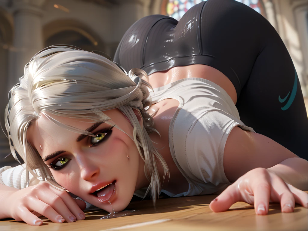 Overwatch render, Ciri, n1kepr0 leggings, low cut top, ass up, holding her ass, big breasts, excited facial expression, soft light, bright light, wardrobe, full frame, saliva dripping from mouth, saliva dripping from orifices, sexy pose, dripping sweat, beautiful fingers, dynamic pose, beautiful eyes, rear view