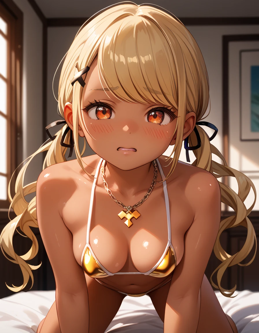 score_9, score_8_up, score_7_up, score_6_up, score_5_up, score_4_up, source_anime, masterpiece, best quality, realistic, **li, 8**ars old, petite, shiny skin, gleaming skin, medium breasts, QpiDefault, orange eyes, dark skin, blonde hair, long hair, swept bangs, low twintails, x hair ornament, black hair ribbon, necklace, underbust, embarrassed, yellow micro bikini, doggystyle, orgasm, Glowing Skin, front view, close to viewer,