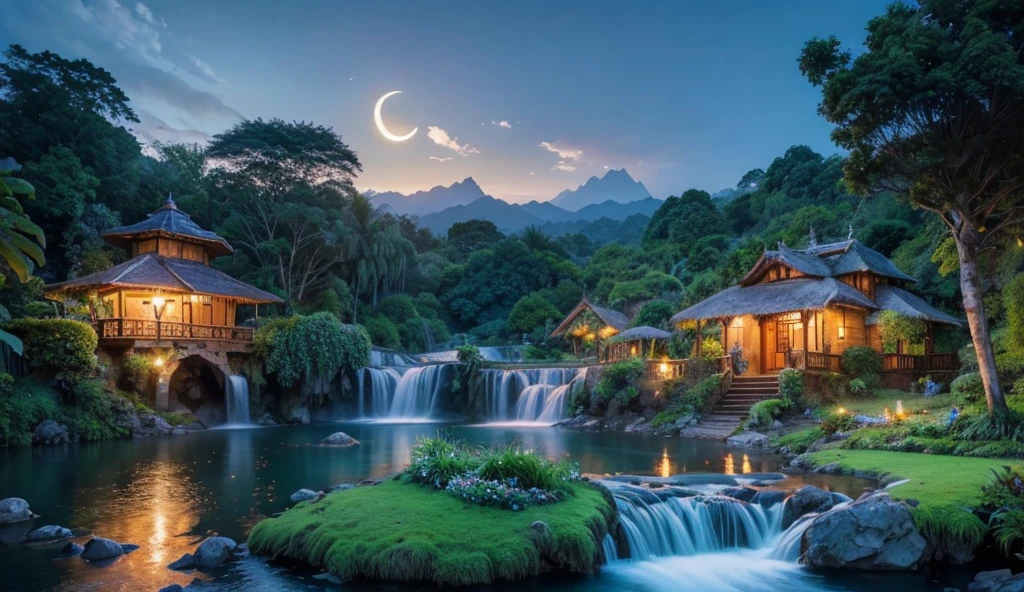 a natural photography of a tropical landscape with a rough splash of waterfall, beautiful serene hobbiton, at midnight with moon in spring atmosphere, amazing photography, wallpaper mobile, very very very beautiful!, sunlight and whimsical houses,atmosphere of nepal, heaven paradise, ultrarealism, beautiful photography, instagram contest winner, 