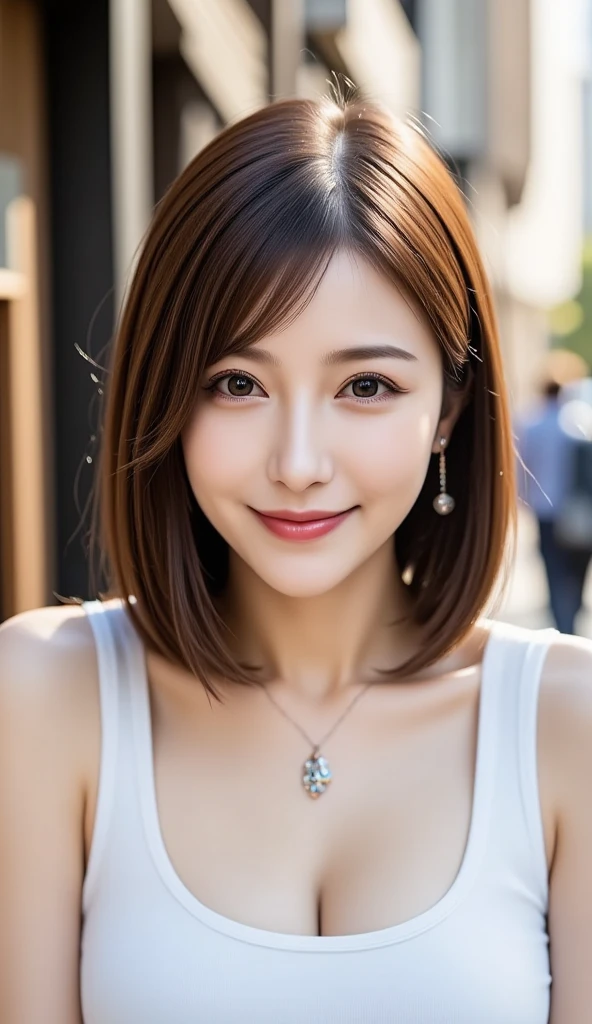 ((masterpiece)), ((Highest quality)), ((Complex)), ((Surreal)), (Realistic), (Mature Woman), ((No classes)), Very detailed, (1 female), Beautiful and exquisite, (Beautiful Teeth), Grin, Brunette bob hair, Brown eyes, ((blouse)), (Upper Body), (background:none), Perfect Eyes, Captivating eyes, Looking at the audience