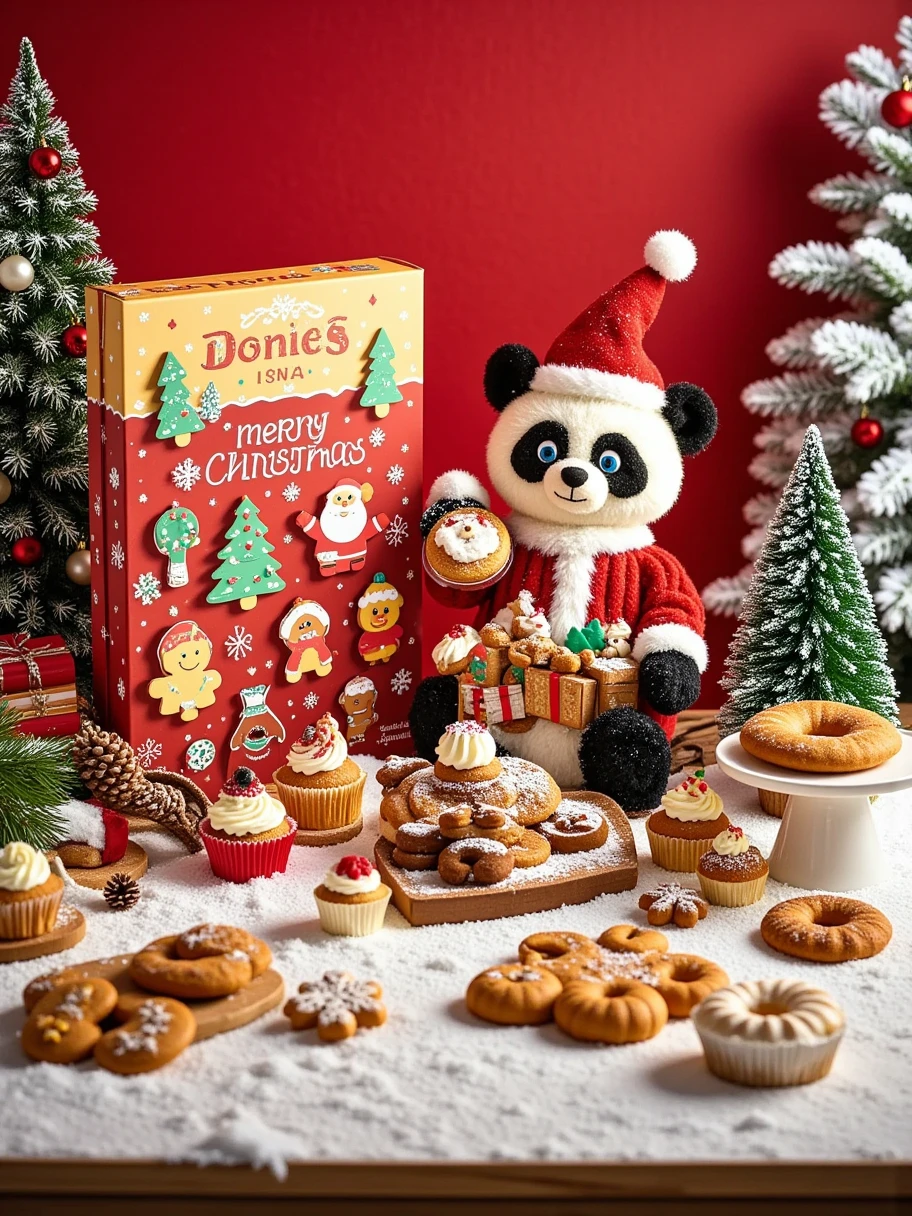  A scene full of Christmas atmosphere 。 including a panda and Santa with gifts ， The inside is filled with Christmas themed cookies of various shapes and colors 。 of these cookies with Santa Claus 、Christmas tree、Gingerbread Man、reindeer、 Christmas wreath, etc. ， The owner is wearing a red sweater 。  with a Christmas pattern printed on the lid ， There are also red Christmas balls and pine branches ， and the words “MERRY CHRISTMAS” next to the 。, the background of the cookie box is red ，Adds to the festive atmosphere。 On the left side of the cookie box ，有两棵小型的白色Christmas tree， The tree is covered with a layer of white “snow” ， There are also a few pine cones and pine branches under the tree ， that further enhances the Christmas theme 。右侧则有一棵装饰着红色和金色装饰品的绿色Christmas tree， tree 。  with a few small Christmas trees on the table ，Bright colors， gives a strong festive feeling 。