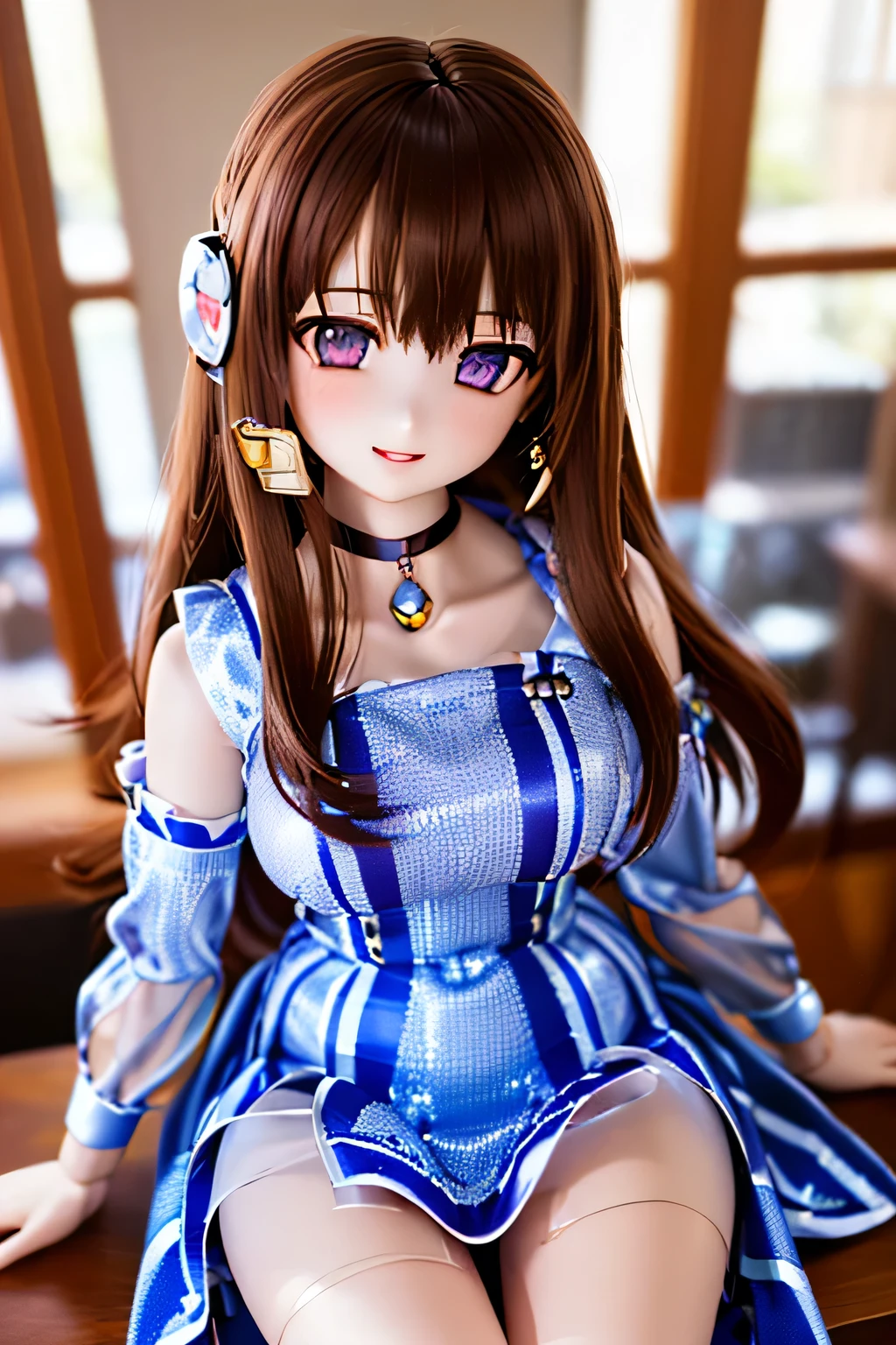 (SFW:2), photorealistic, realistic photo, 8k, Canon EOS, ((highest quality)), ((masterpiece)), (extremely detailed), dd, doll, idol dress, plastic skin, slim, skinny, slender, (squinted eyes:1.4), (mature woman, 21yo, 21 years old, solo:1.6), (cowboy shot, sitting on desk, brown hair, long hair, hair ornament, choker, light smile, half opened mouth, purple brown eyes, glass eyes, shining eyes, looking at viewer, detailed face:1.3)