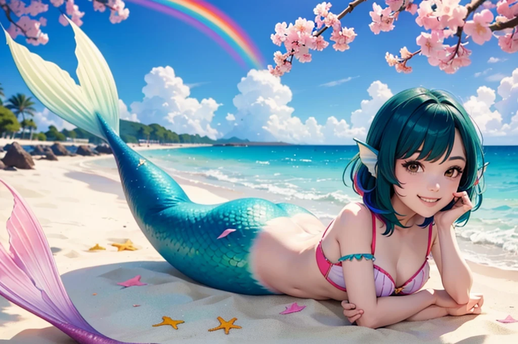 masterpiece, best quality:1.2), 1girl, smile, looking at viewer, green eyes, short brown multicolored hair, mermaid, mermaid girl, wearing purple seashell bra, laying on belly on beach, colorful mermaid tail, outdoors, head fins, fin ears, under cherry blossoms