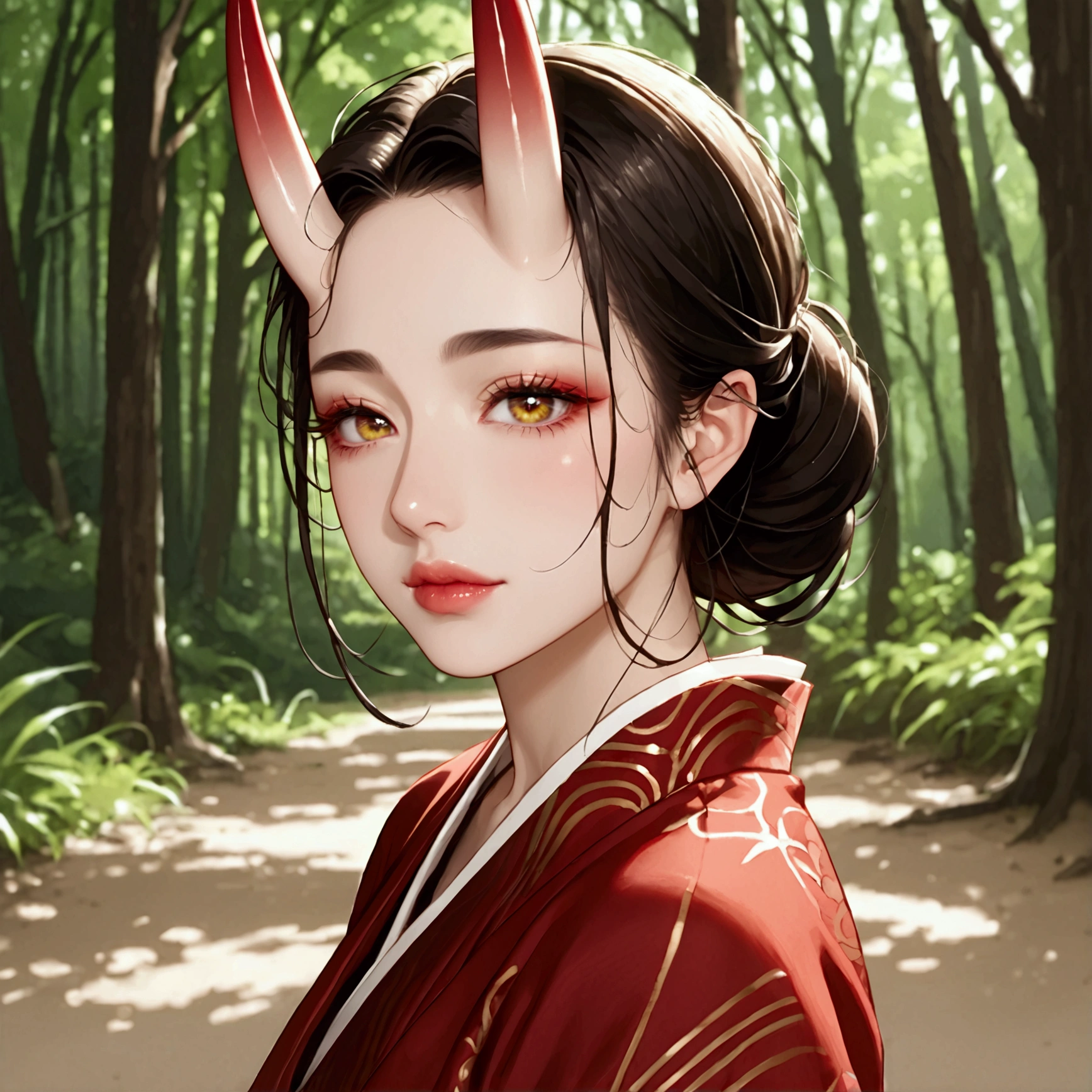 a oni girl, a pair of skin-covered horns on the forehead, beautiful detailed eyes, red kimono, sarashi and fukushi, forest, beautiful detailed lips, 