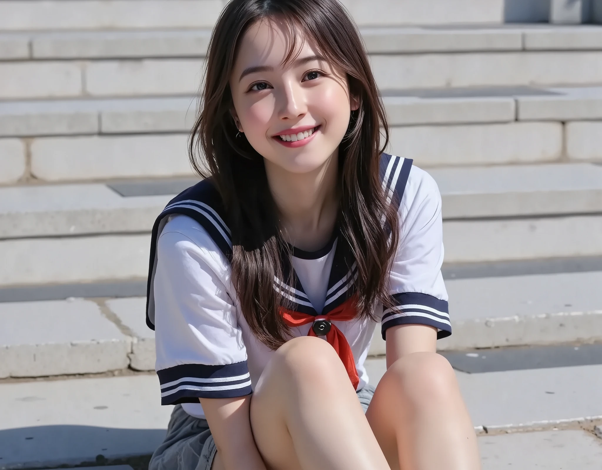 NSFW, (Highest quality), (Ultra-precise CG 16K wallpaper), (Realistic: 1.6), (High saturation), (Sharp), Beautiful detailed shading, Beautiful natural lighting, Beautiful detailed glow, Bright sunlight in the daytime, Natural light, Depth of field, (Mature 24 year old woman, One person: 1.6), (Very beautiful Japanese face), (Sasaki Nozomi), (Soft wavy ponytail hair: 1.6), (Shiny black hair), (Sparkling eyes), (C cup size breasts, cleavage, slim thighs: 1.6), (Beautiful breasts), (Beautiful legs), (Beautiful skin), Beautiful proportions, (Smile: 1.0), (Looking at me: 1.6), (High school girl sailor uniform, wearing gray pleated miniskirt: 1.6), (Sitting pose: 1.6), (School, empty stairs), (Full screen image:1.6), (full body shot:1.6), (image of a woman seen from the side:1.6), (woman sitting on school steps:1.6),