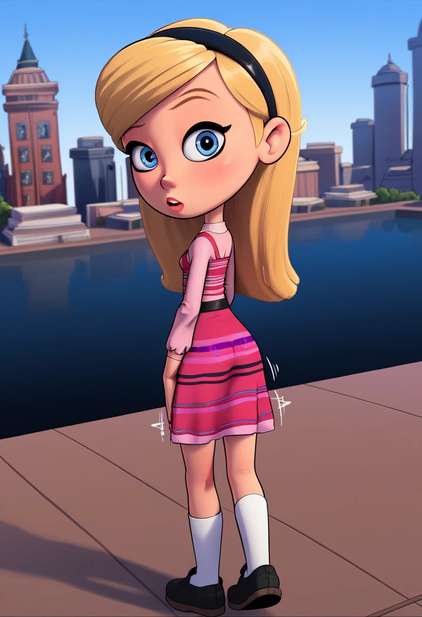 1girl, solo, full body, penny peterson, long hair, blue eyes, 3d, blonde hair, skirt, hairband, black hairband, white socks, dress, pink dress, long sleeves, looking at viewer, alter-ego dancing erotically on the building's roof, covered with black paint, looking back, butt Shaking, twerking, wiggling, Heart-beating booty, butt covered with black paint, booty Shake While hearing "Shakira La Tortura"