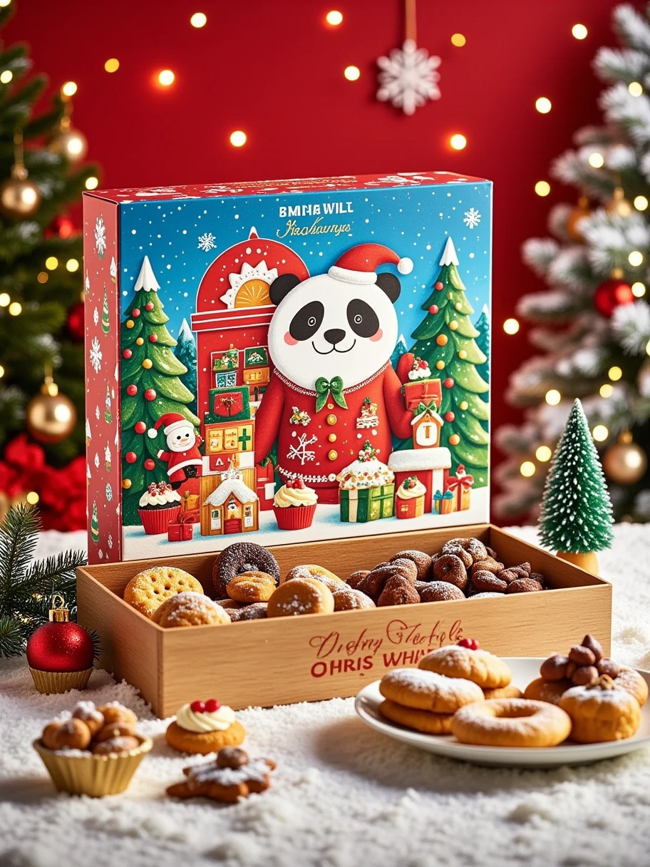  A scene full of Christmas atmosphere 。 including a panda and Santa with gifts ， The inside is filled with Christmas themed cookies of various shapes and colors 。 of these cookies with Santa Claus 、Christmas tree、Gingerbread Man、reindeer、 Christmas wreath, etc. ， The owner is wearing a red sweater 。  with a Christmas pattern printed on the lid ， There are also red Christmas balls and pine branches ， and the words “MERRY CHRISTMAS” next to the 。, the background of the cookie box is red ，Adds to the festive atmosphere。 On the left side of the cookie box ，有两棵小型的白色Christmas tree， The tree is covered with a layer of white “snow” ， There are also a few pine cones and pine branches under the tree ， that further enhances the Christmas theme 。右侧则有一棵装饰着红色和金色装饰品的绿色Christmas tree， tree 。  with a few small Christmas trees on the table ，Bright colors， gives a strong festive feeling 。