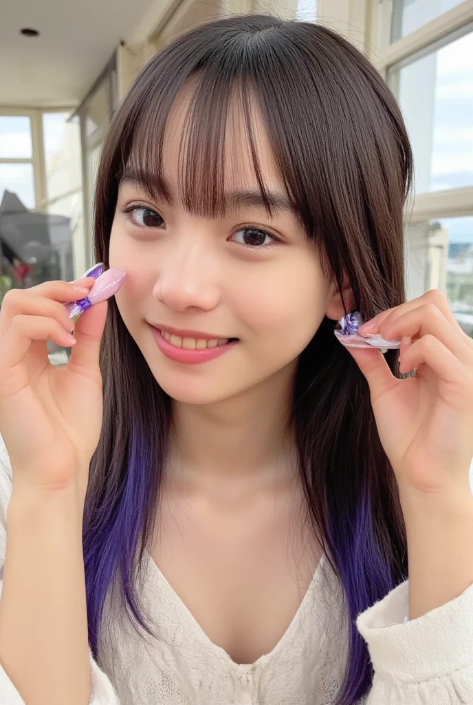  smiling, baby face, Japanese girl,  Two-tone hairstyle ,  very long wavy blue hair,  purple hair,  medium breasts,  shiny pinkish white skin ,  nude,  nude con copos de nieve, snow ice , cold weather,  full body,   raised legs  , Cubiertas de semen,  fits all sides , excess semen