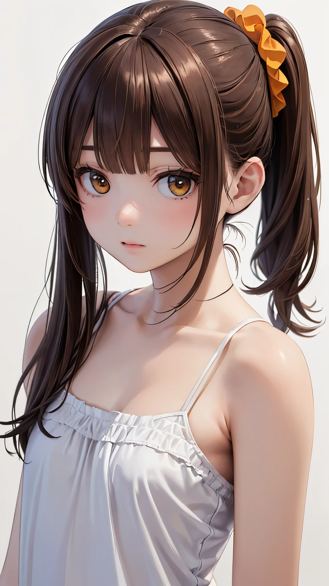 ((( top quality 、8k、 masterpiece)))、( realistic )、(Photo realistic :1.2)、( No light, No Shadow )、 super detailed とても可愛い顔と目 、 ADULT WOMEN 、 Round and small face、 Slim waist 、(close、 top quality 、 high detail、 rich skin details )、( top quality 、8k、Oil paint:1.2)、 super detailed 、( realistic 、 realistic :1.37)、(((Brown Hair)))、((( bust shot)))、((( semi-long hair)))、((( side ponytail)))、((( bundled hair in yellow scrunchies)))、(((Frame In)))、((( White wall background )))、((( orange camisoleを着ています)))、(((I'm wearing a camisole with a bow ))、(((Solo Shot)))、(((I'm laughing out loud)))、((( a happy expression )))、(((I'm touching my face with my hands )))、((( orange camisole)))、((((Frame In))))