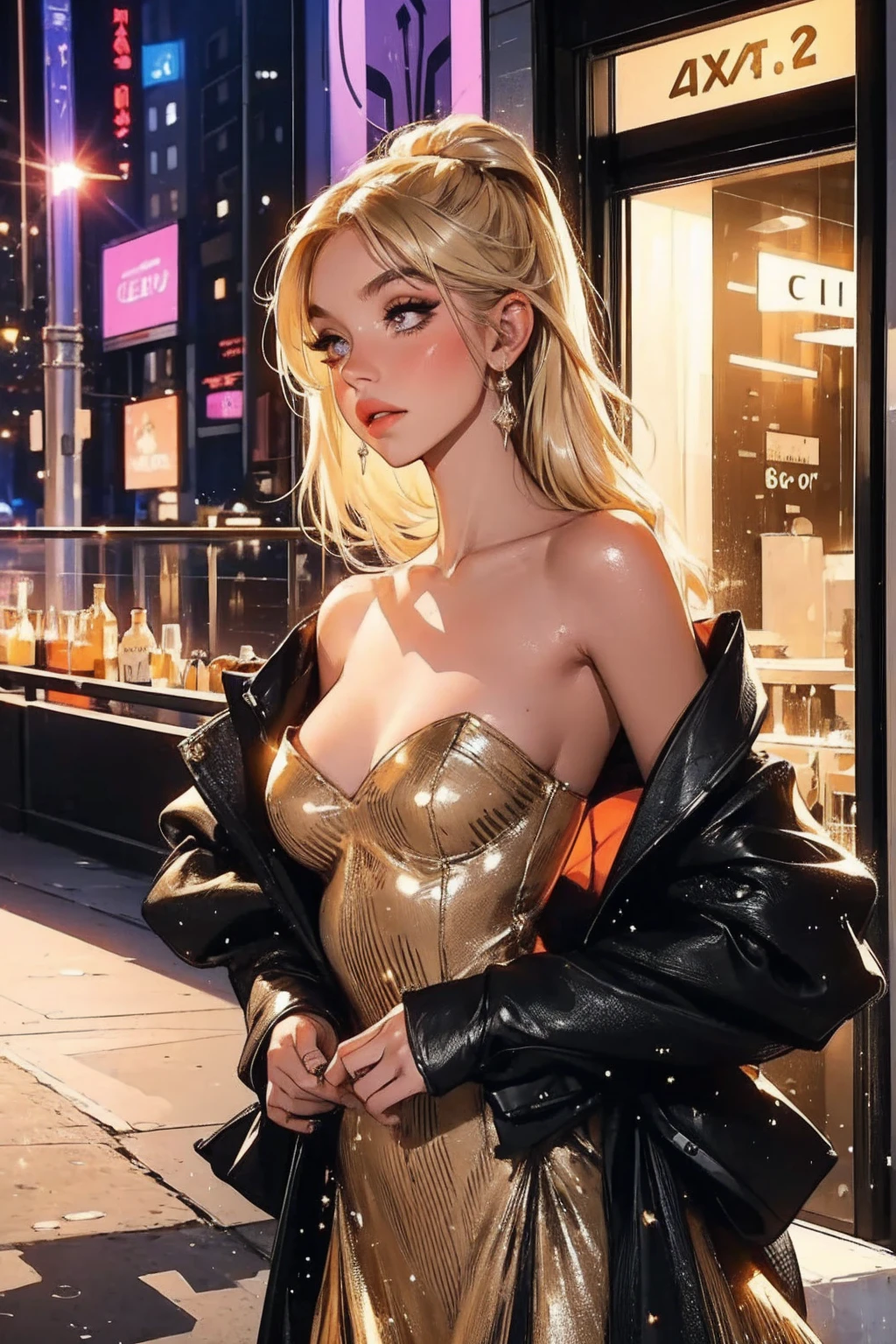 foto corpo inteiro) mulher Barbie atriz margot robbie (((wearing a gold and silver Versace dress with silver and lace accents with gemstones and sequins and stylized mandelbrot patterns))), ( standingn), ((in Times Square at night with lots of light)), Looking at the camera with love, (boca bem aberta), (sorrindo), (poros da pele), cabelo molhado, cabelo comprido, (pele bronzeada), ( F1.8 bokeh de foco curto), foco nos olhos, grandes olhos castanhos com reflexo de luz circular nos olhos, olhos lacrimejantes profundos, poros da pele, olhos brilhantes, olhos abertos, luz direta. admiration, imagem ultra realista., cleavage, smirk, seductive smile, inviting smile