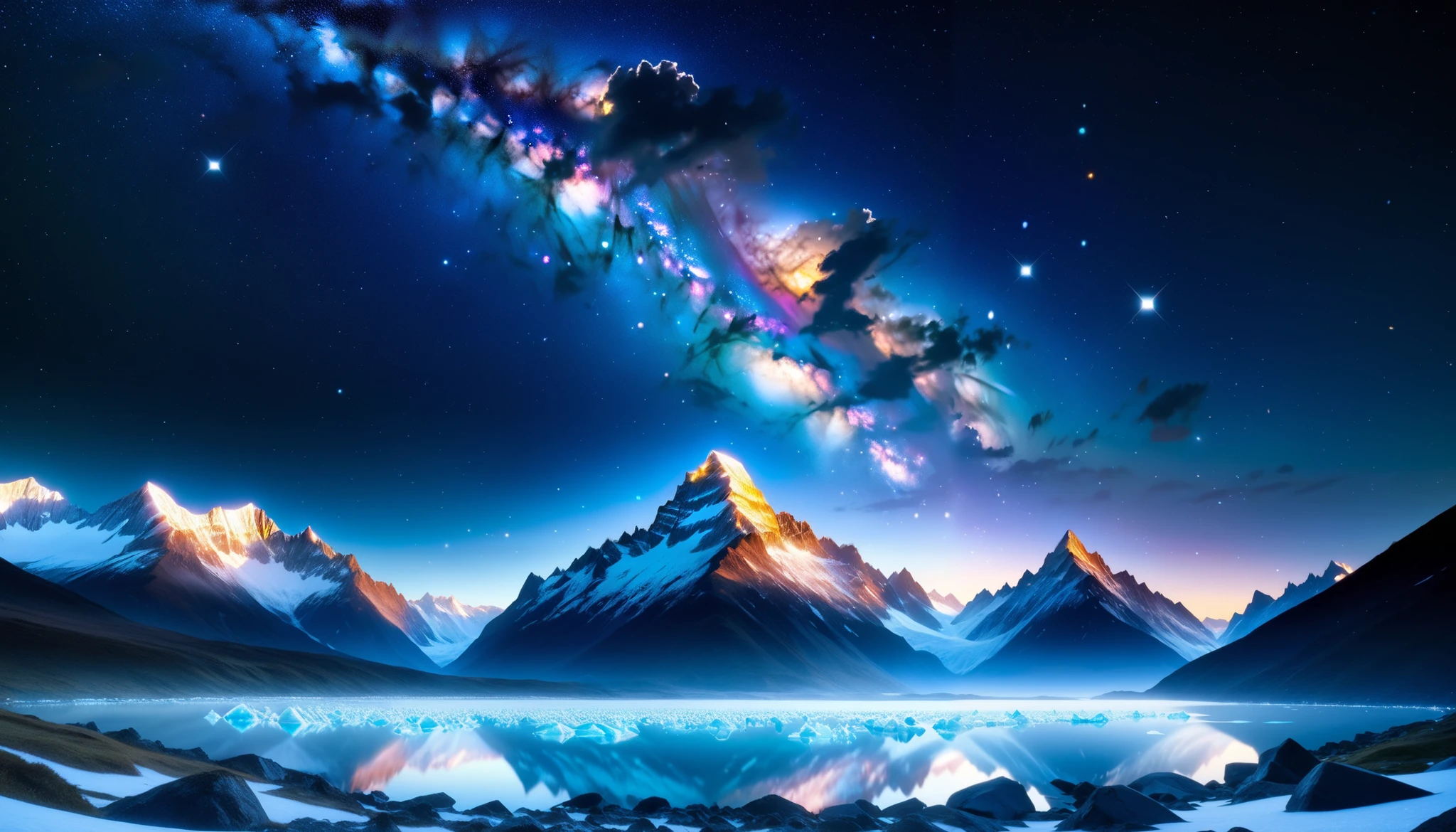  super   High Definition  ,   High Definition ,  High Quality  , amazing views,Huge, dazzling the night sky、A realistic Milky Way galaxy that covers the entire sky。 Starry sky,An incredible number of stars々brilliance, Milky Way Stars々reflected off the vast glaciers 々brillianceが反射している、   BREAK The glacier extends to the horizon   、   Jagged ice layers and snowy peaks   、   It reflects the colorful light above   。  BREAKThe stars twinkle in the dark, clear sky  、The surrounding scenery、Enveloped in the surreal glow of the Milky Way、   creates a mysterious atmosphere   。  BREAKThe cold, clear air adds color to the landscape  、Snow sparkles in the gentle light of the Milky Way 、 This frozen wilderness、So quiet、It's out of this world。An incredible number of stars々,
