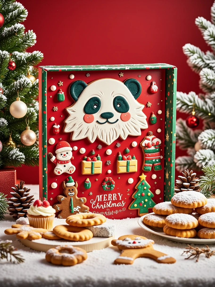  A scene full of Christmas atmosphere 。 including a panda and Santa with gifts ， The inside is filled with Christmas themed cookies of various shapes and colors 。 of these cookies with Santa Claus 、Christmas tree、Gingerbread Man、reindeer、 Christmas wreath, etc. ， The owner is wearing a red sweater 。  with a Christmas pattern printed on the lid ， There are also red Christmas balls and pine branches ， and the words “MERRY CHRISTMAS” next to the 。, the background of the cookie box is red ，Adds to the festive atmosphere。 On the left side of the cookie box ，有两棵小型的白色Christmas tree， The tree is covered with a layer of white “snow” ， There are also a few pine cones and pine branches under the tree ， that further enhances the Christmas theme 。右侧则有一棵装饰着红色和金色装饰品的绿色Christmas tree， tree 。  with a few small Christmas trees on the table ，Bright colors， gives a strong festive feeling 。