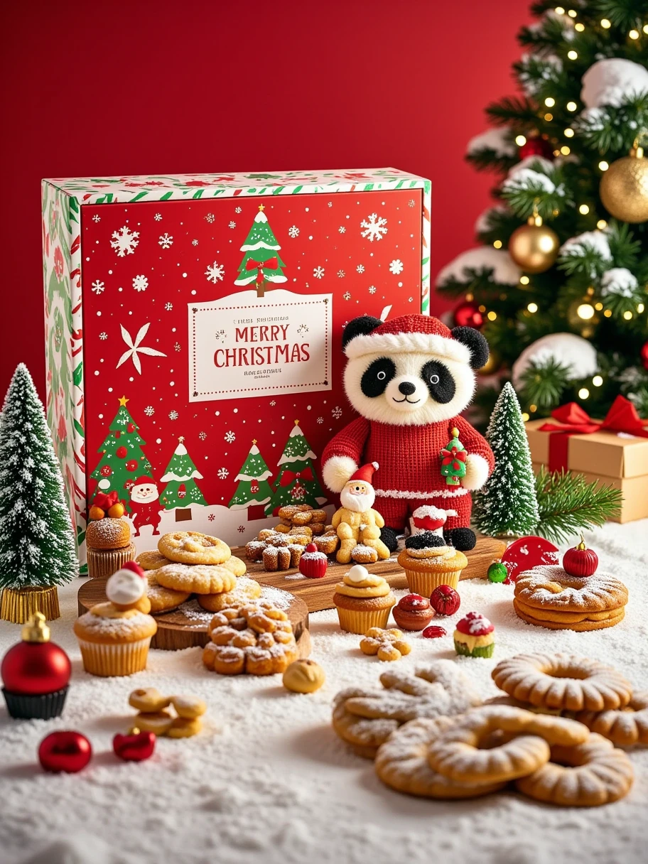  A scene full of Christmas atmosphere 。 including a panda and Santa with gifts ， The inside is filled with Christmas themed cookies of various shapes and colors 。 of these cookies with Santa Claus 、Christmas tree、Gingerbread Man、reindeer、 Christmas wreath, etc. ， The owner is wearing a red sweater 。  with a Christmas pattern printed on the lid ， There are also red Christmas balls and pine branches ， and the words “MERRY CHRISTMAS” next to the 。, the background of the cookie box is red ，Adds to the festive atmosphere。 On the left side of the cookie box ，有两棵小型的白色Christmas tree， The tree is covered with a layer of white “snow” ， There are also a few pine cones and pine branches under the tree ， that further enhances the Christmas theme 。右侧则有一棵装饰着红色和金色装饰品的绿色Christmas tree， tree 。  with a few small Christmas trees on the table ，Bright colors， gives a strong festive feeling 。